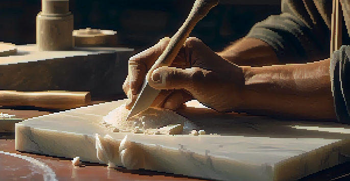 A sculptor's hands carving marble, emphasizing the textures of the stone and tools in a warm-lit workshop.