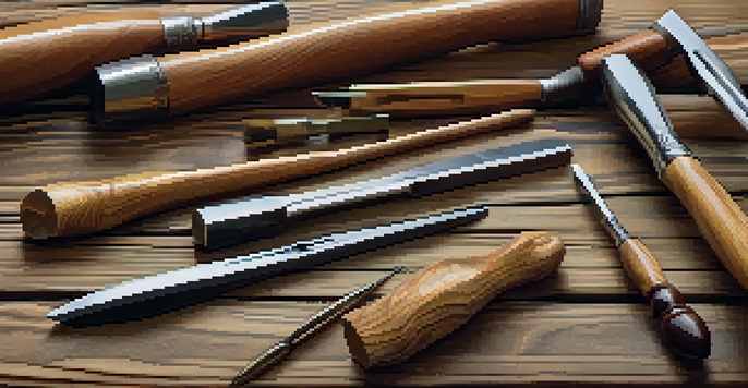 A close-up view of wood carving tools on a rustic table, showcasing their intricate details and textures with soft natural lighting.