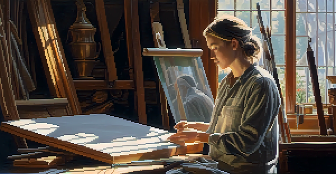 An artist inspecting and cleaning a carved artwork with sunlight coming through a window, surrounded by art preservation tools.