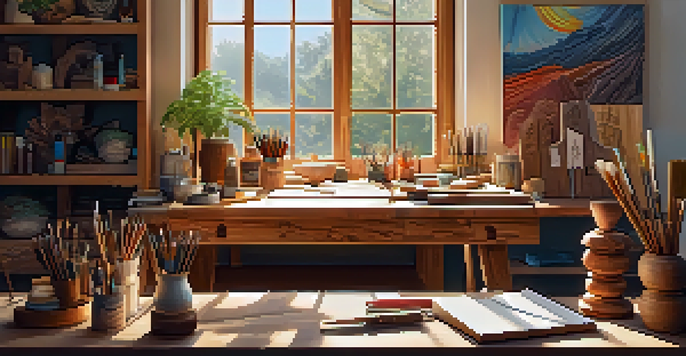 A bright and organized workspace with a wooden desk, carving tools, a partially carved wooden sculpture, and art supplies, illuminated by sunlight streaming through a window.