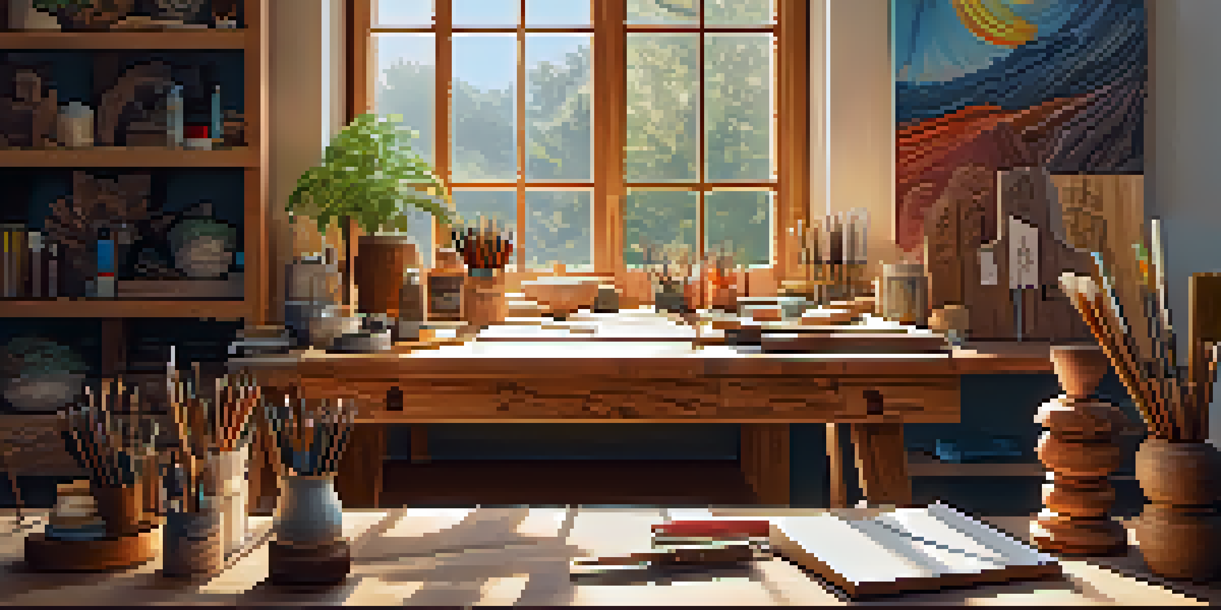 A bright and organized workspace with a wooden desk, carving tools, a partially carved wooden sculpture, and art supplies, illuminated by sunlight streaming through a window.