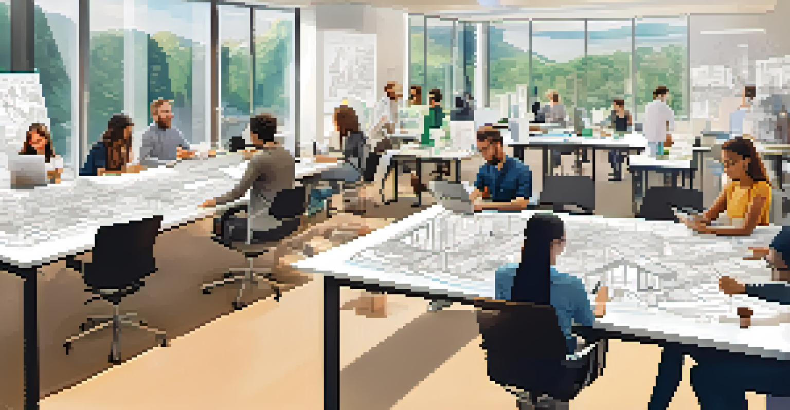 A diverse team collaborating in a modern workspace filled with sketches and prototypes, emphasizing innovation.