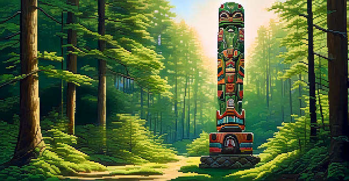 A wooden totem pole carved with intricate designs in a lush green forest, illuminated by sunlight.