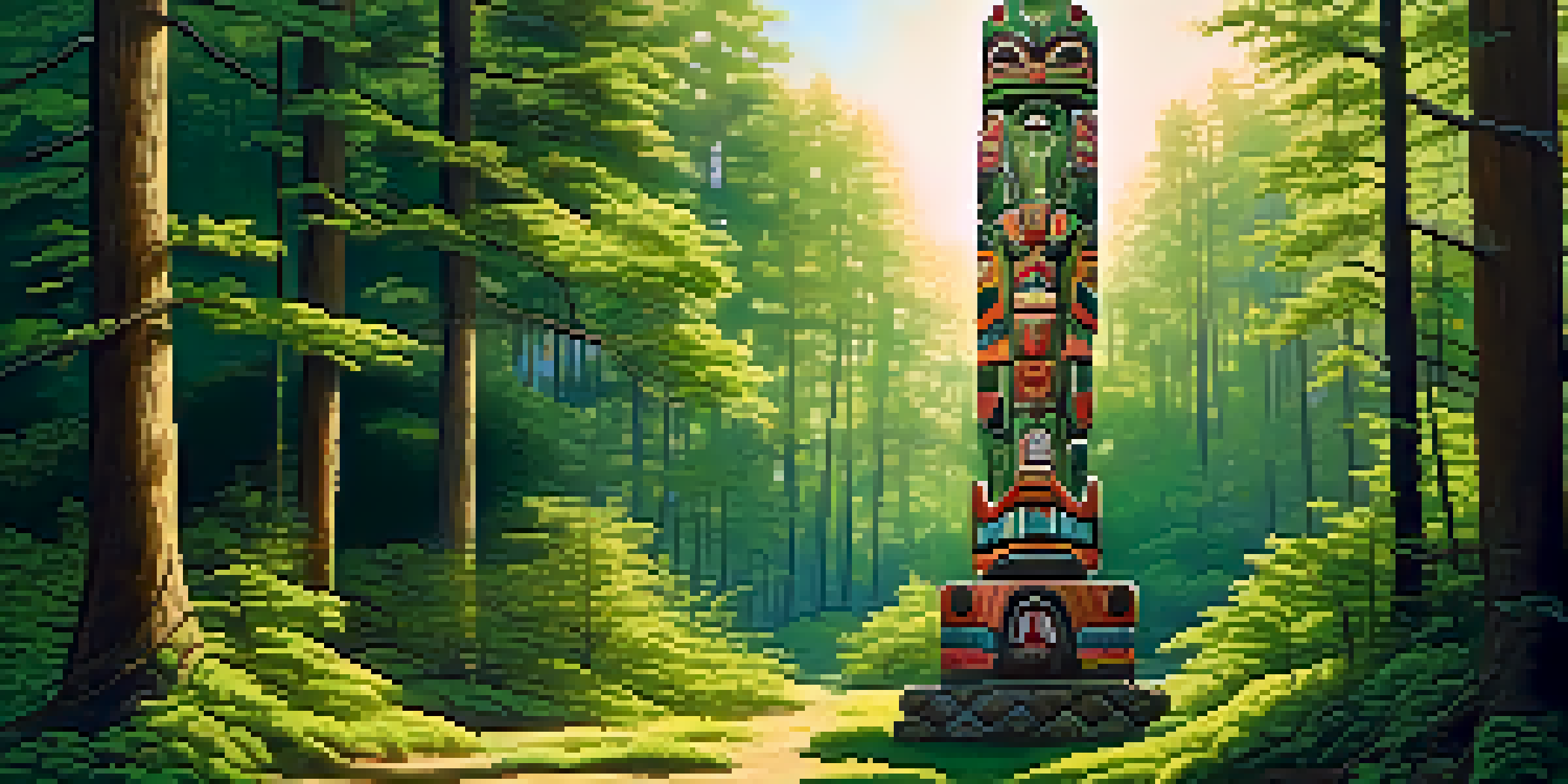 A wooden totem pole carved with intricate designs in a lush green forest, illuminated by sunlight.