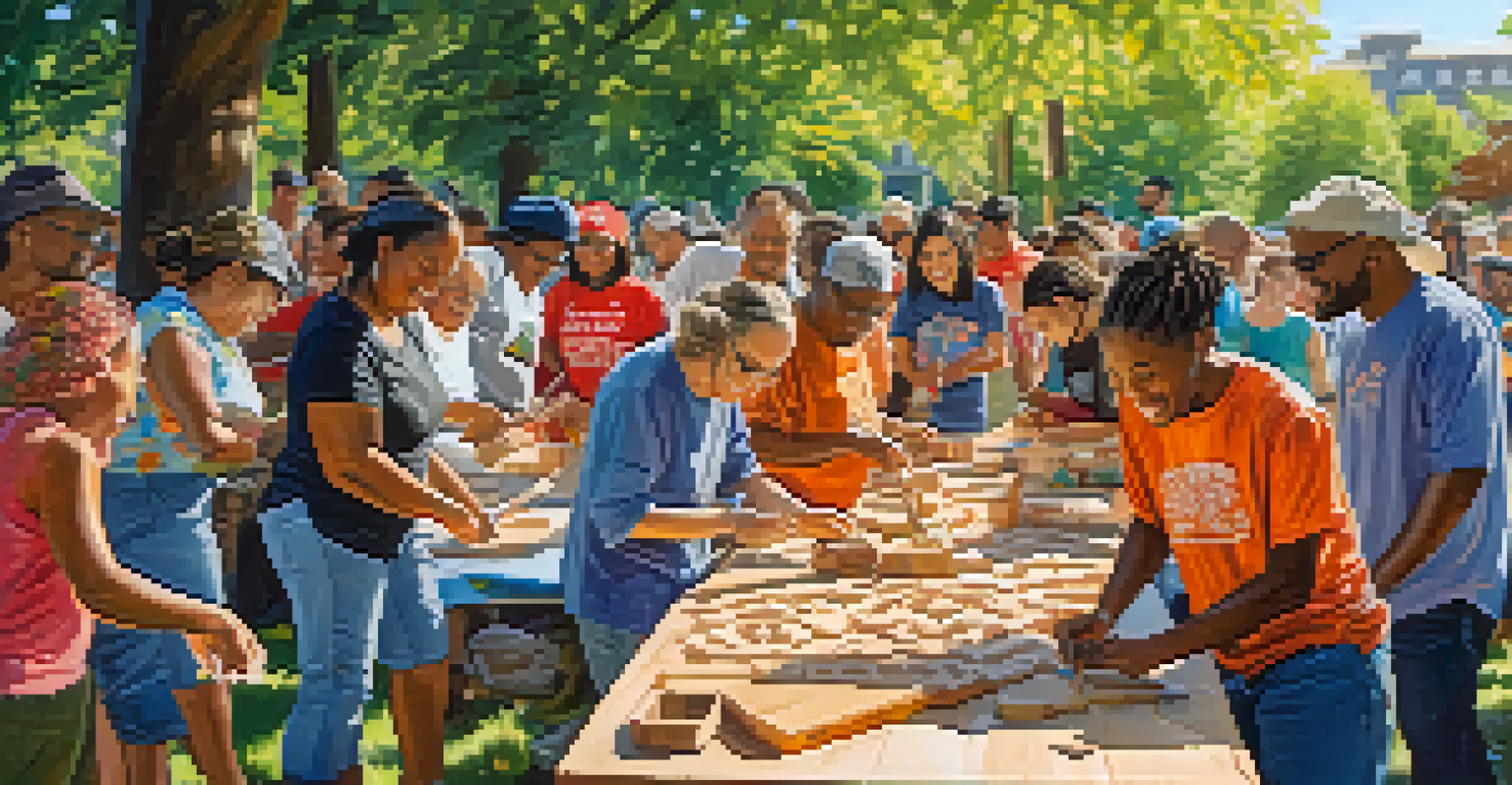 A community carving event in a park with diverse individuals engaged in carving projects and sharing tools and laughter.