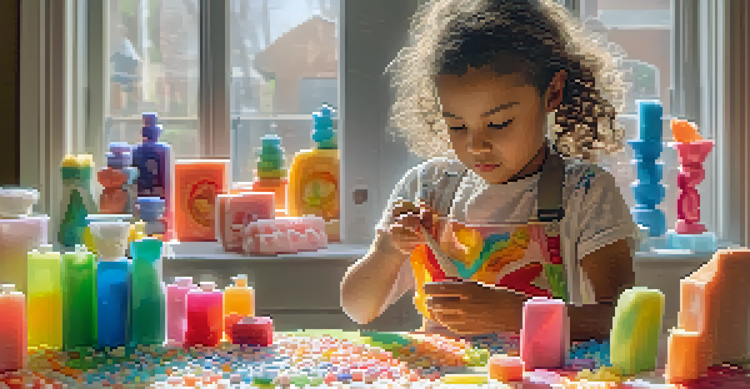 A child carving soap into shapes at a colorful crafting table, with finished soap sculptures and soft natural light illuminating the scene.