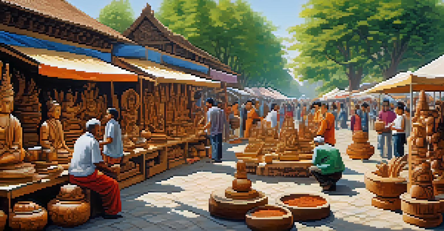 An outdoor carving festival with artisans and colorful stalls showcasing handcrafted sculptures.