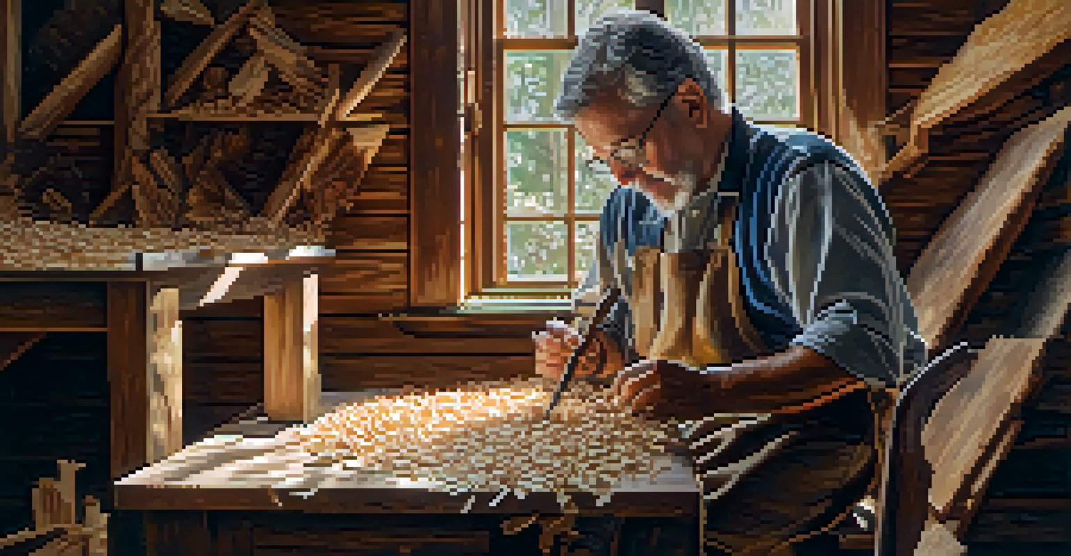 A skilled artisan carving a vintage wooden chair with a chisel, surrounded by wood shavings, illuminated by soft natural light.