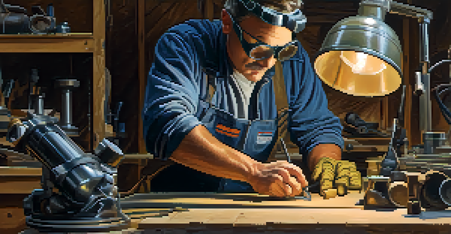 A close-up of a craftsman in protective gear inspecting a power tool in a well-lit workshop.