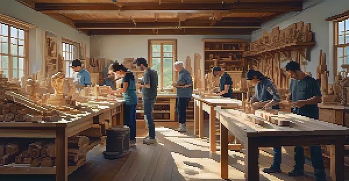 A bright woodworking workshop with diverse individuals engaged in carving wooden sculptures, surrounded by natural light and wooden shavings.