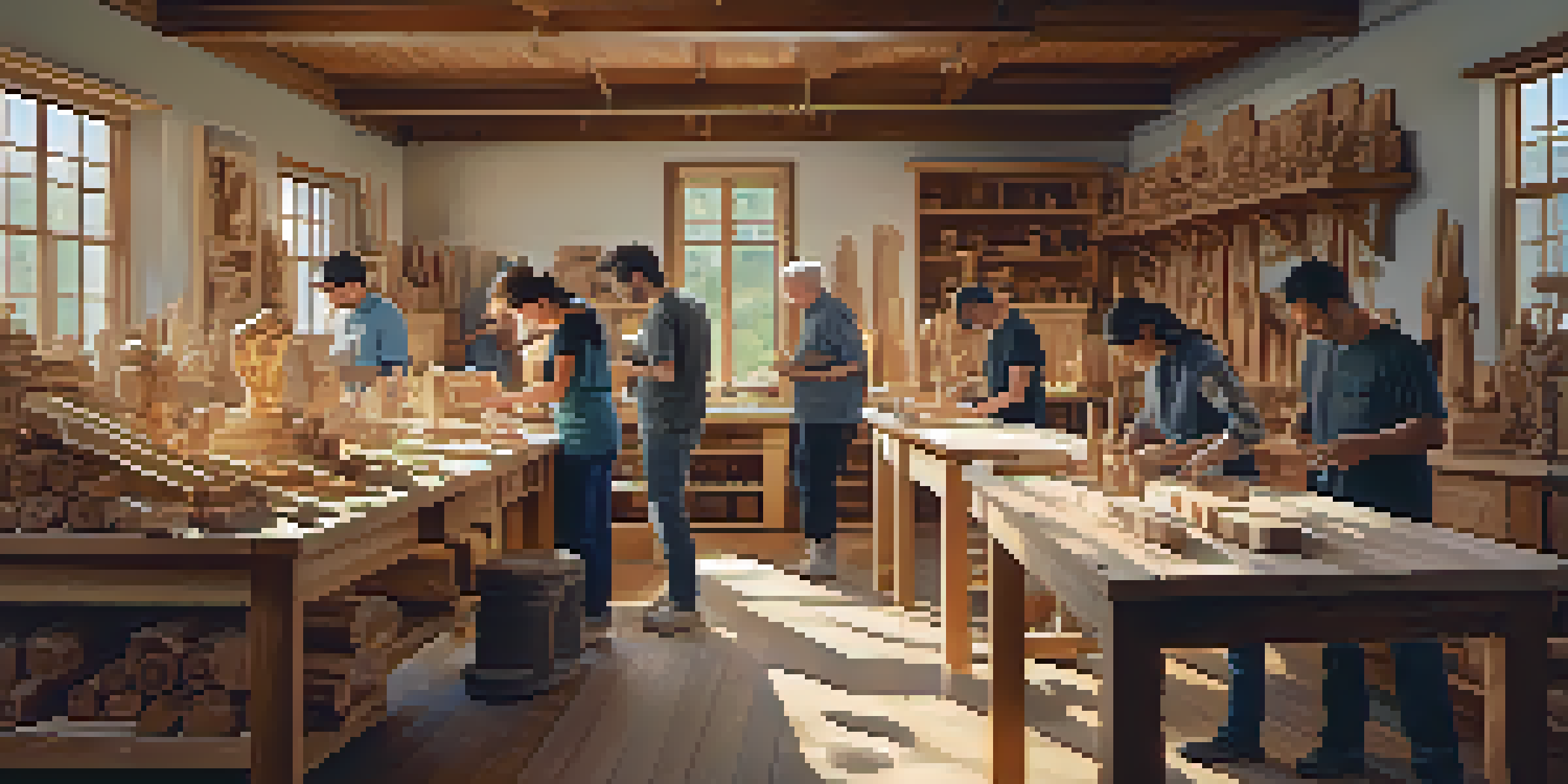 A bright woodworking workshop with diverse individuals engaged in carving wooden sculptures, surrounded by natural light and wooden shavings.