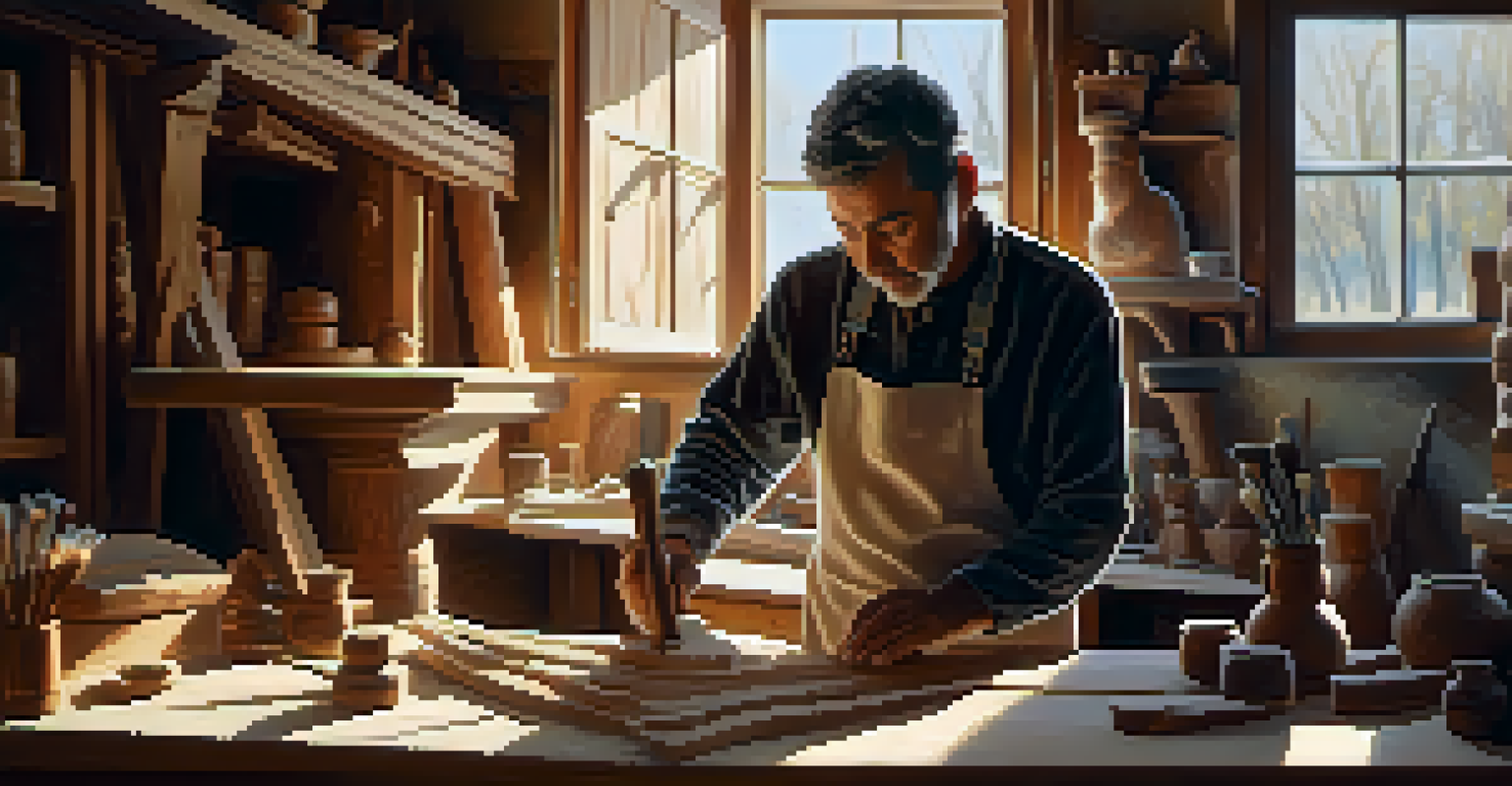 An artisan carefully carving wood in a sunlit workshop, with tools and unfinished pieces around them, showcasing the artistry of the craft.