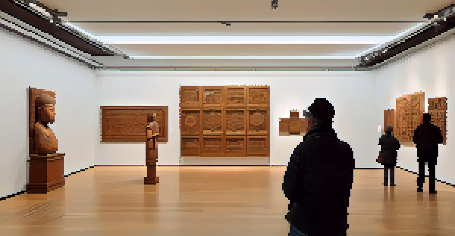 A well-lit exhibition space with carved wooden sculptures on display, and people admiring the intricate artwork.