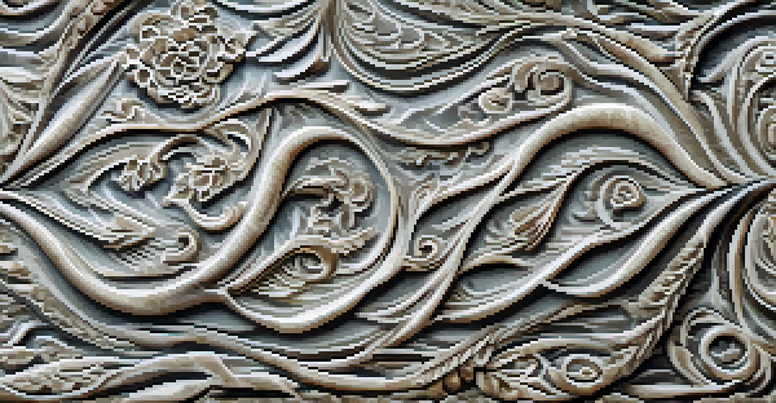 A close-up of a finely carved stone surface, showcasing intricate details and natural textures illuminated by soft lighting.