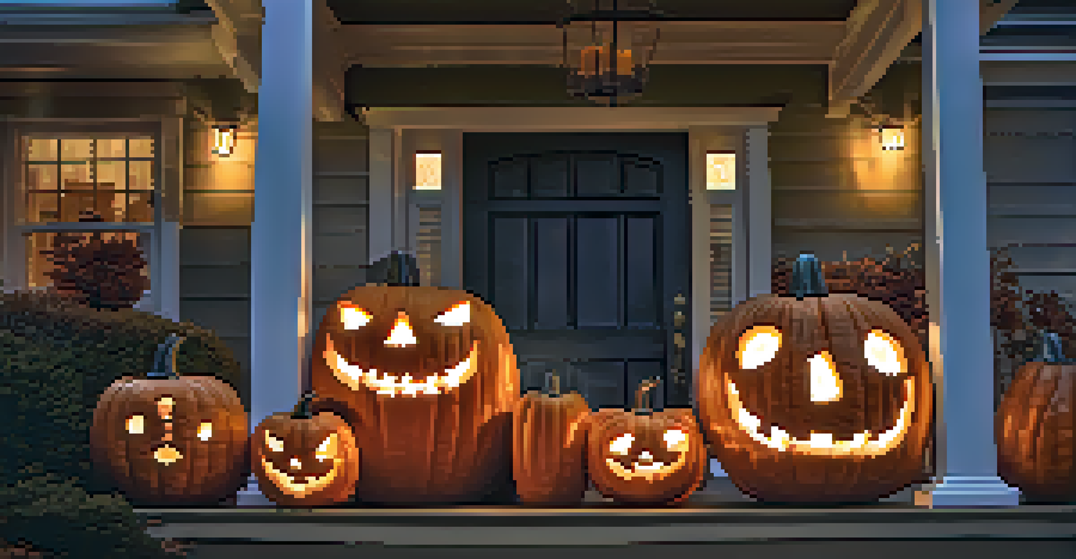A beautifully arranged display of uniquely carved pumpkins on a porch at twilight, illuminated by soft lantern light.