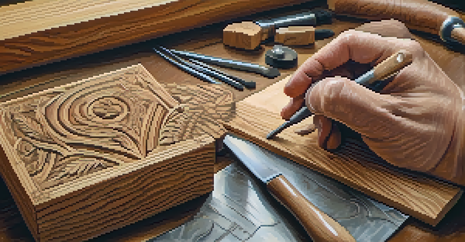 A close-up of hands carving intricate patterns into wood, highlighting the texture and tool precision with a blurred workshop background.