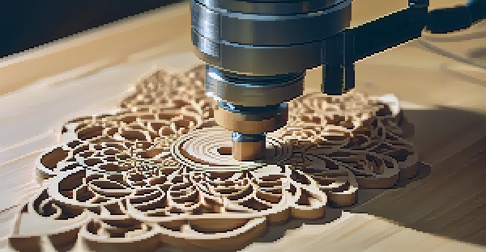 A CNC carving machine shaping a wooden block into floral patterns with wood shavings around it.