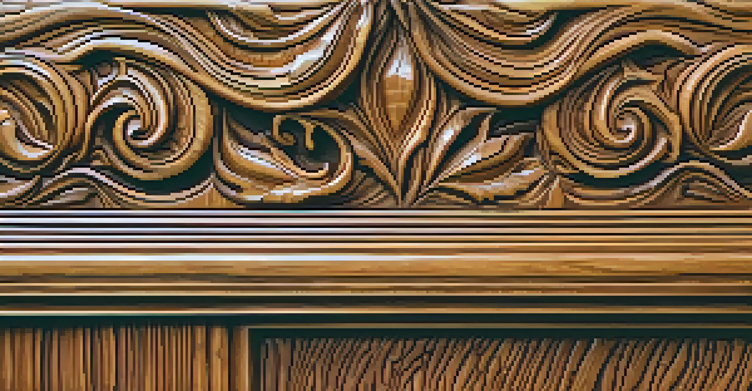A close-up of a carved wooden piece with a layered finish, highlighting its intricate details and glossy sheen.