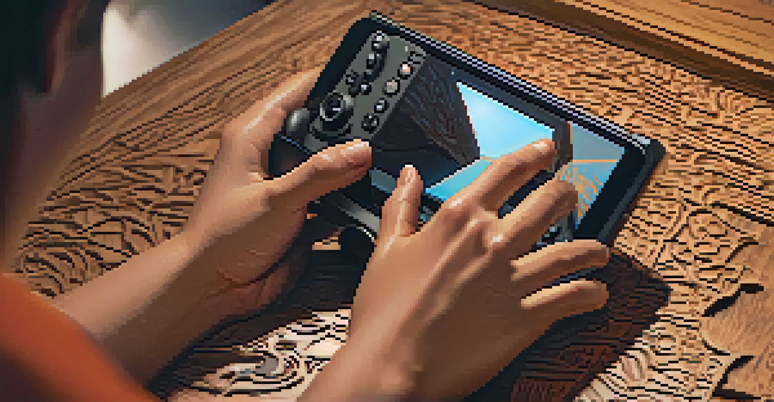 A close-up of a student's hands using a VR controller to carve a virtual wooden block, with detailed textures and vibrant colors.