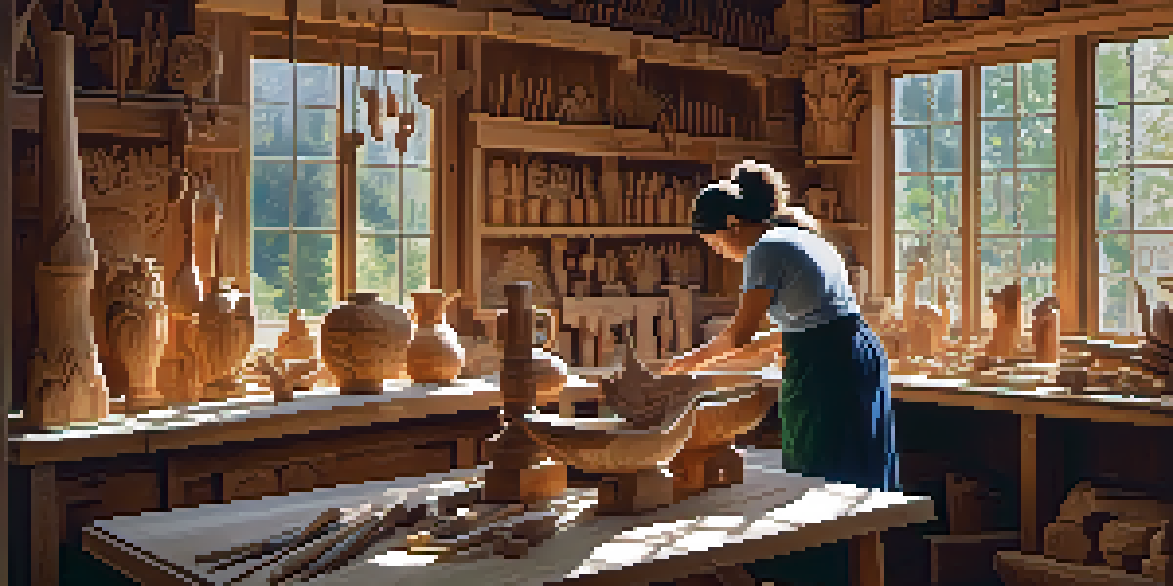 A female artisan is carving a wooden sculpture in a workshop filled with natural light, surrounded by tools and traditional carvings.