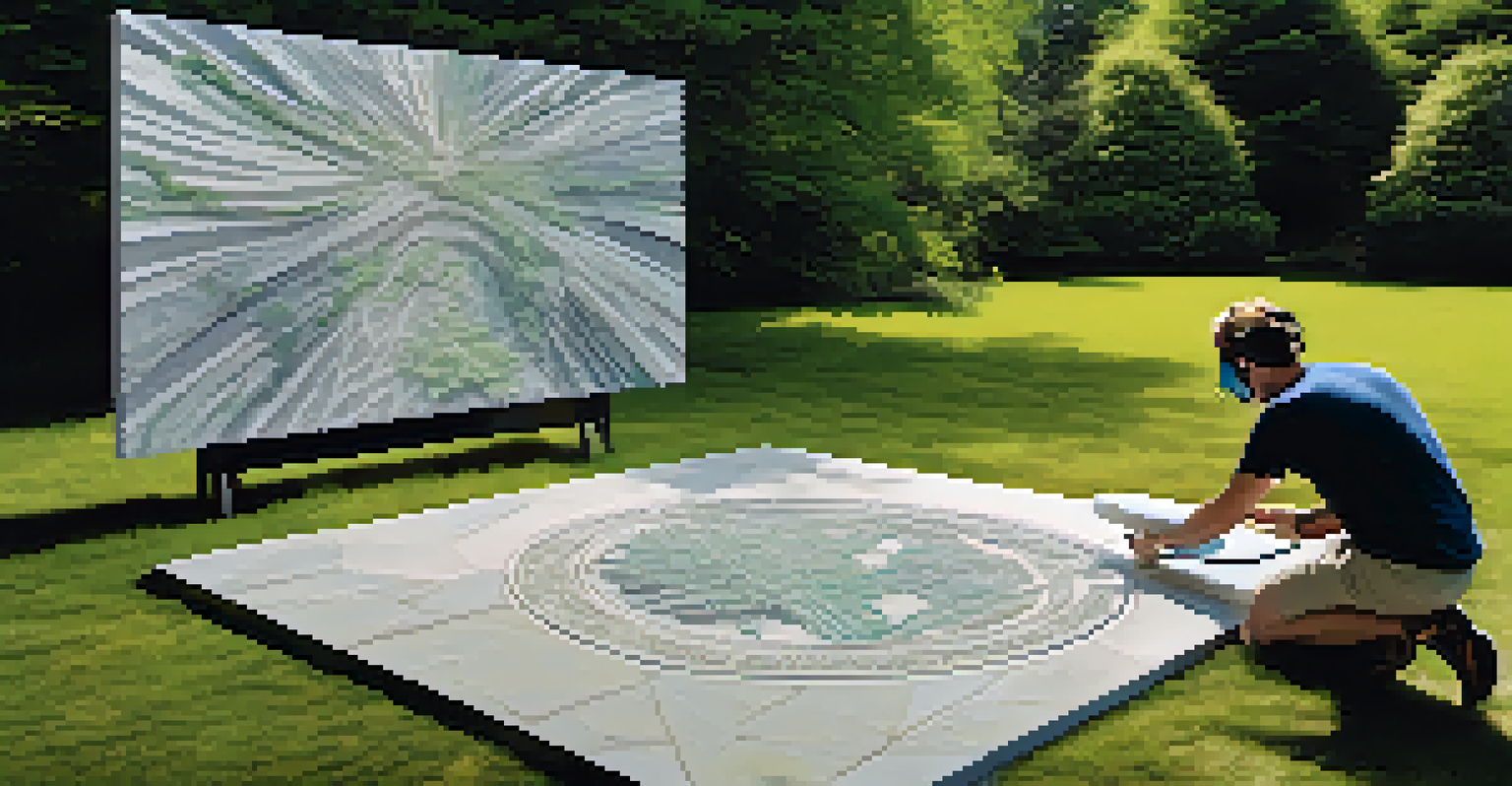 An artist wearing augmented reality glasses visualizes a digital design projected onto a stone slab in an outdoor setting.