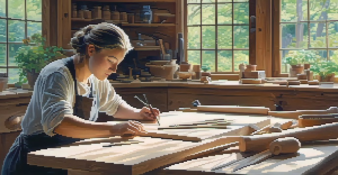A bright and peaceful workshop with a person carving wood, surrounded by tools and a garden view outside the window.