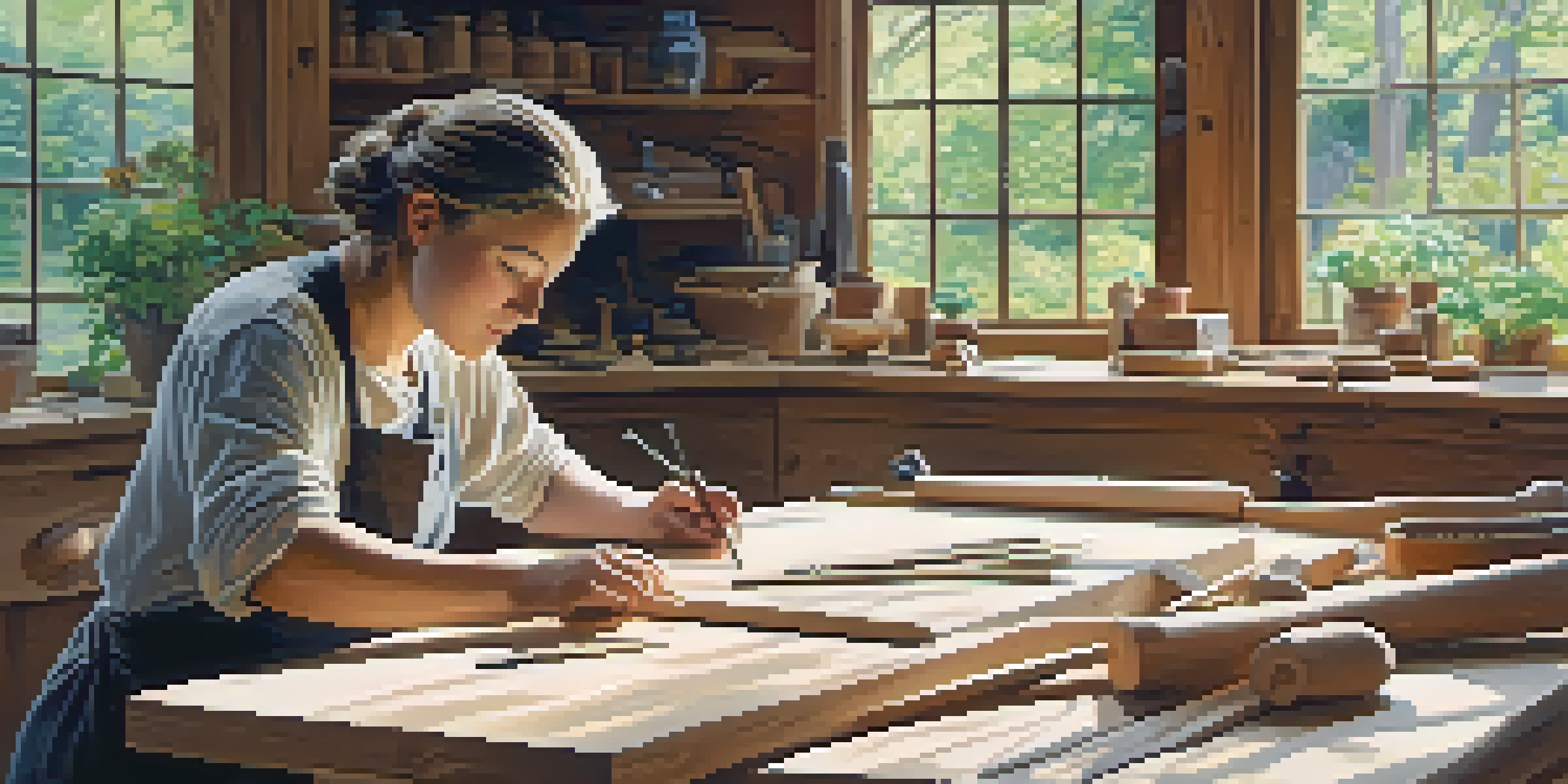 A bright and peaceful workshop with a person carving wood, surrounded by tools and a garden view outside the window.