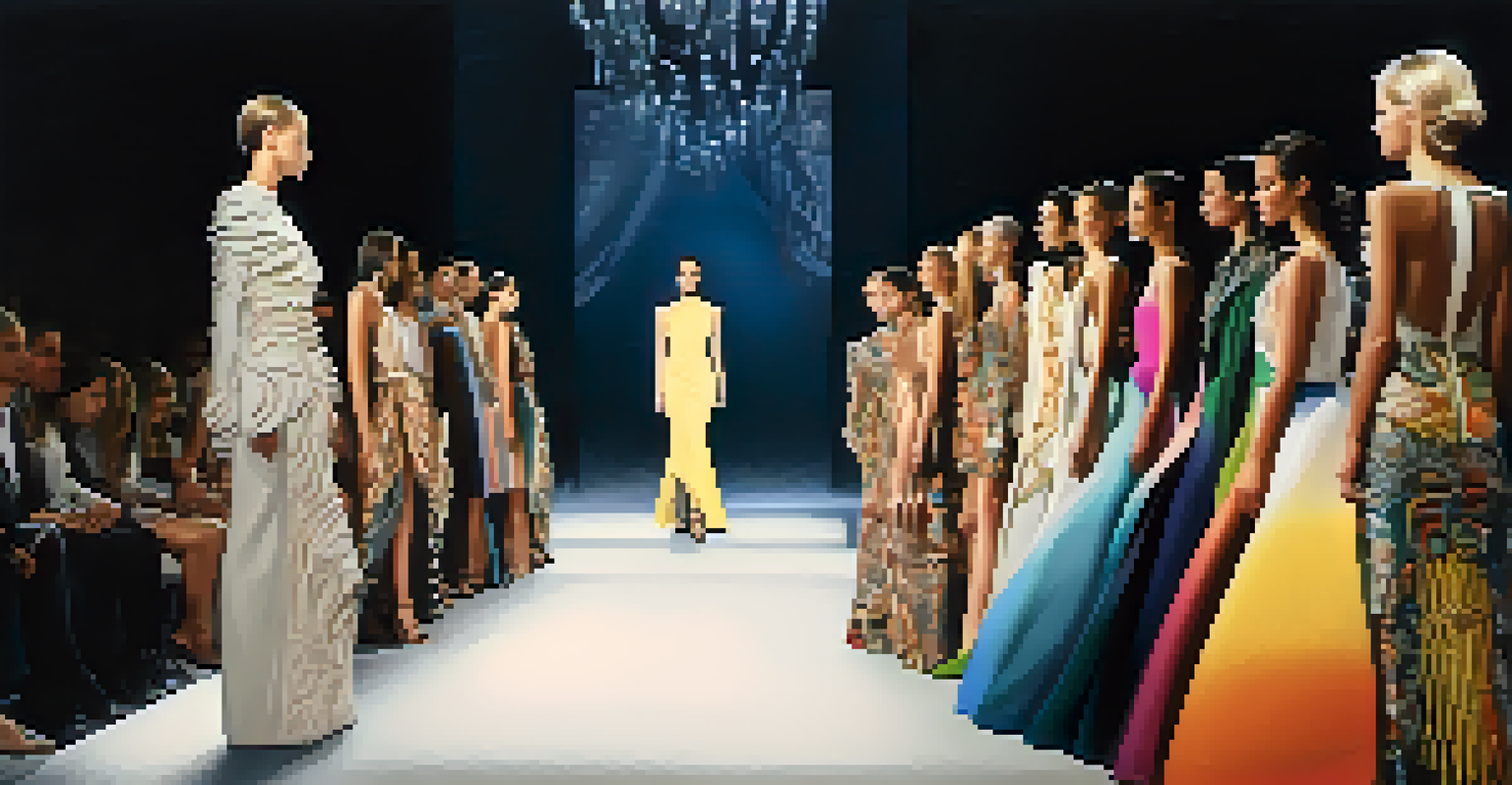 Models on a runway displaying sculptural garments with intricate carving techniques under dramatic lighting, emphasizing the unique designs.