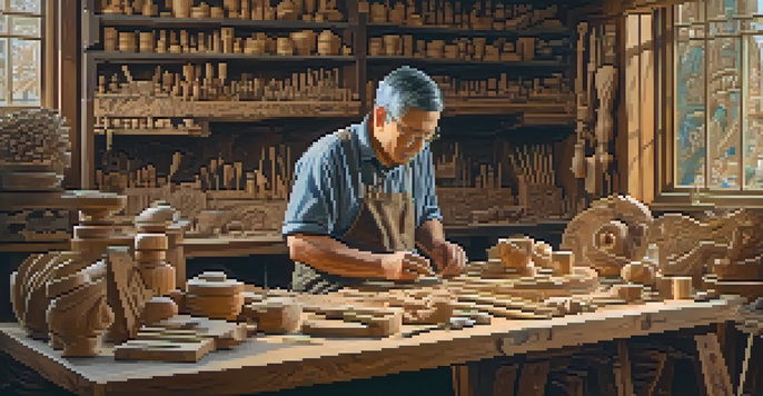 An artisan working on a wooden sculpture with tools scattered around, warm lighting enhances the wood's texture, and cultural artifacts are visible in the background.
