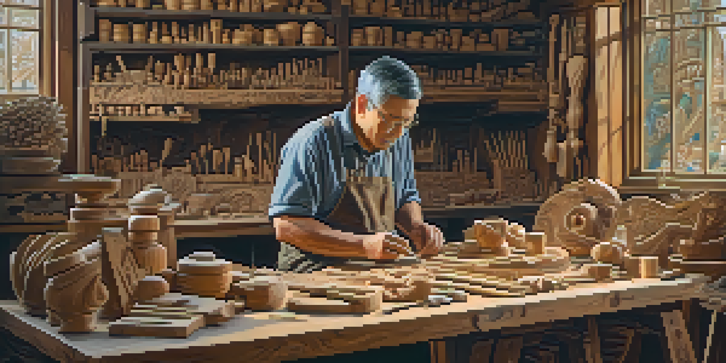 An artisan working on a wooden sculpture with tools scattered around, warm lighting enhances the wood's texture, and cultural artifacts are visible in the background.