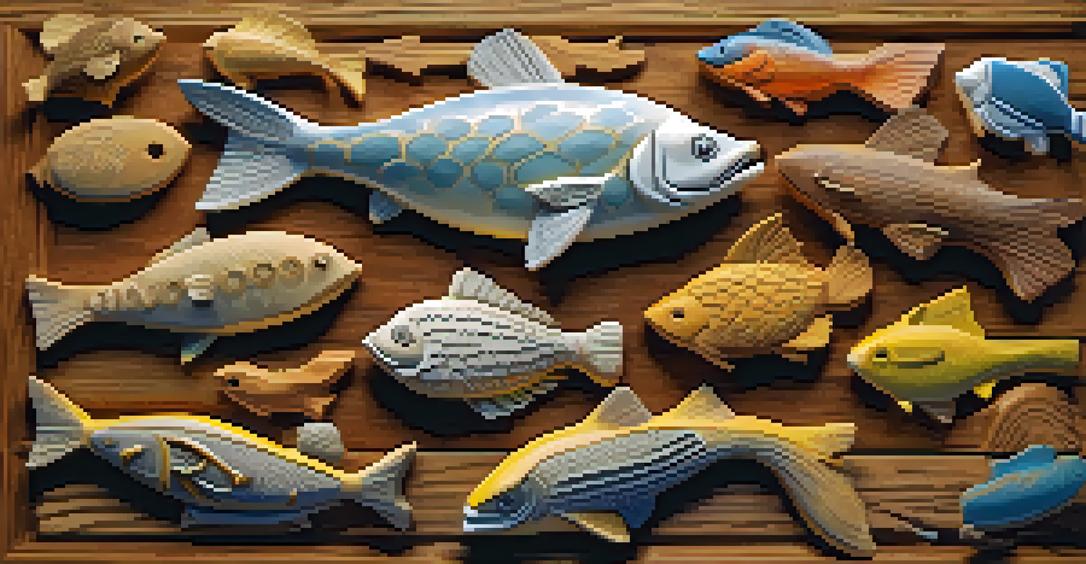 An assortment of animal carvings on a rustic table, including a fish, a bird, and a kitten.