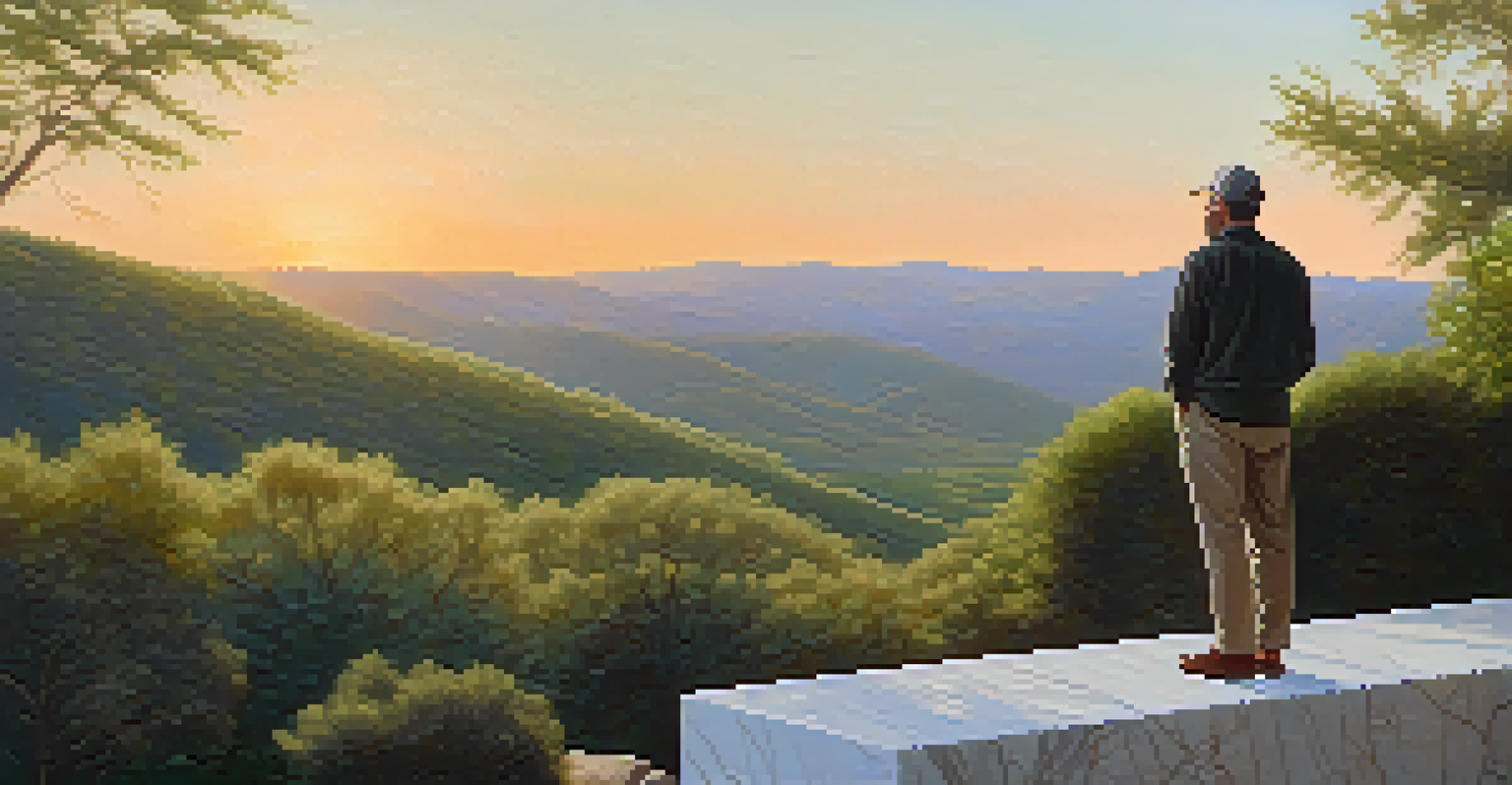 An artist in an outdoor setting, looking thoughtfully at a block of marble during sunset, with lush greenery surrounding them.