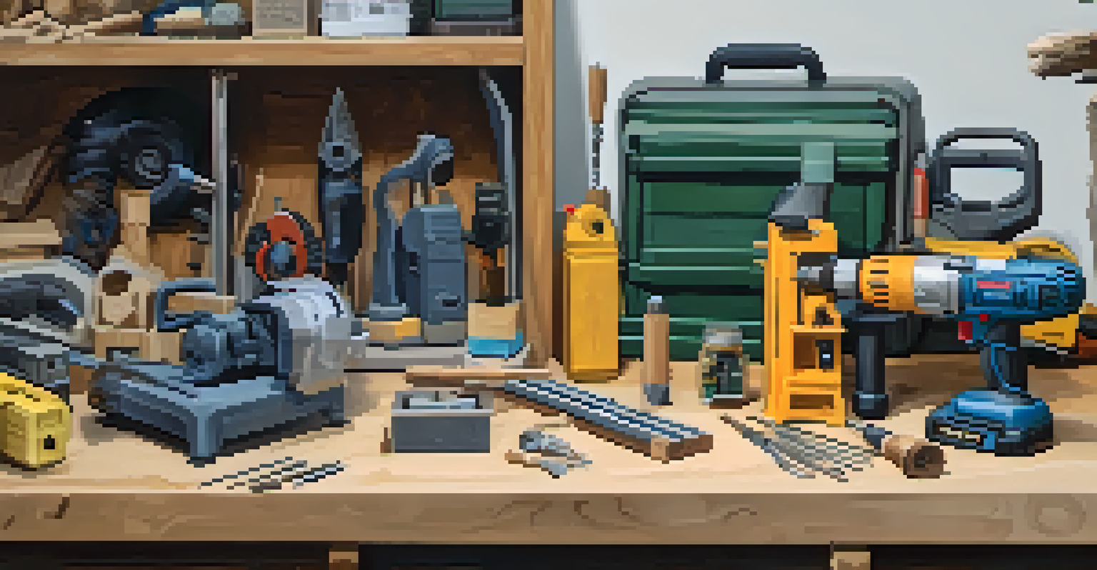 An artist's workspace with power tools and a partially finished stone sculpture on a wooden bench.