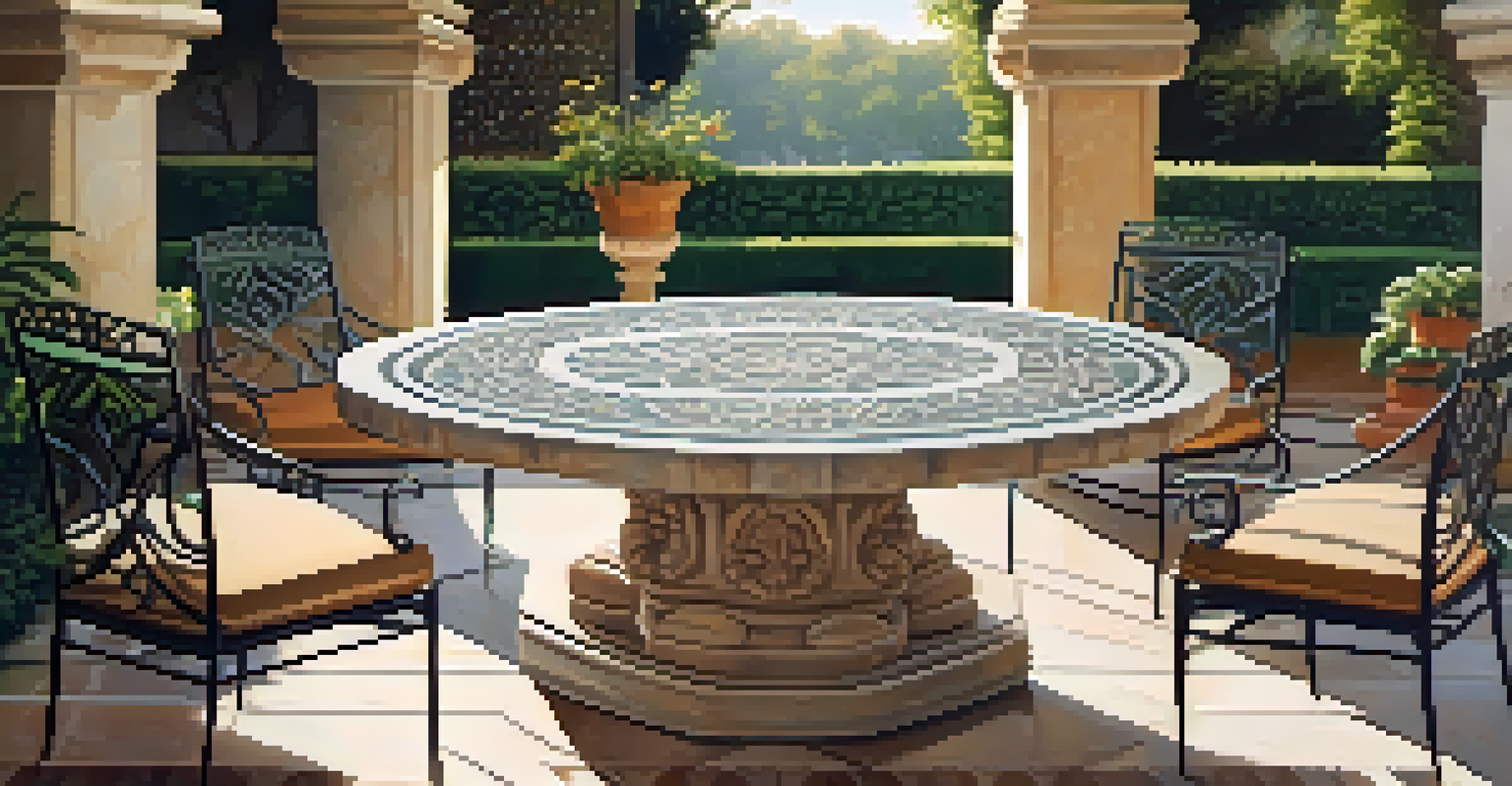 An outdoor patio with a beautifully carved stone table surrounded by elegant seating and greenery, illuminated by soft sunlight.
