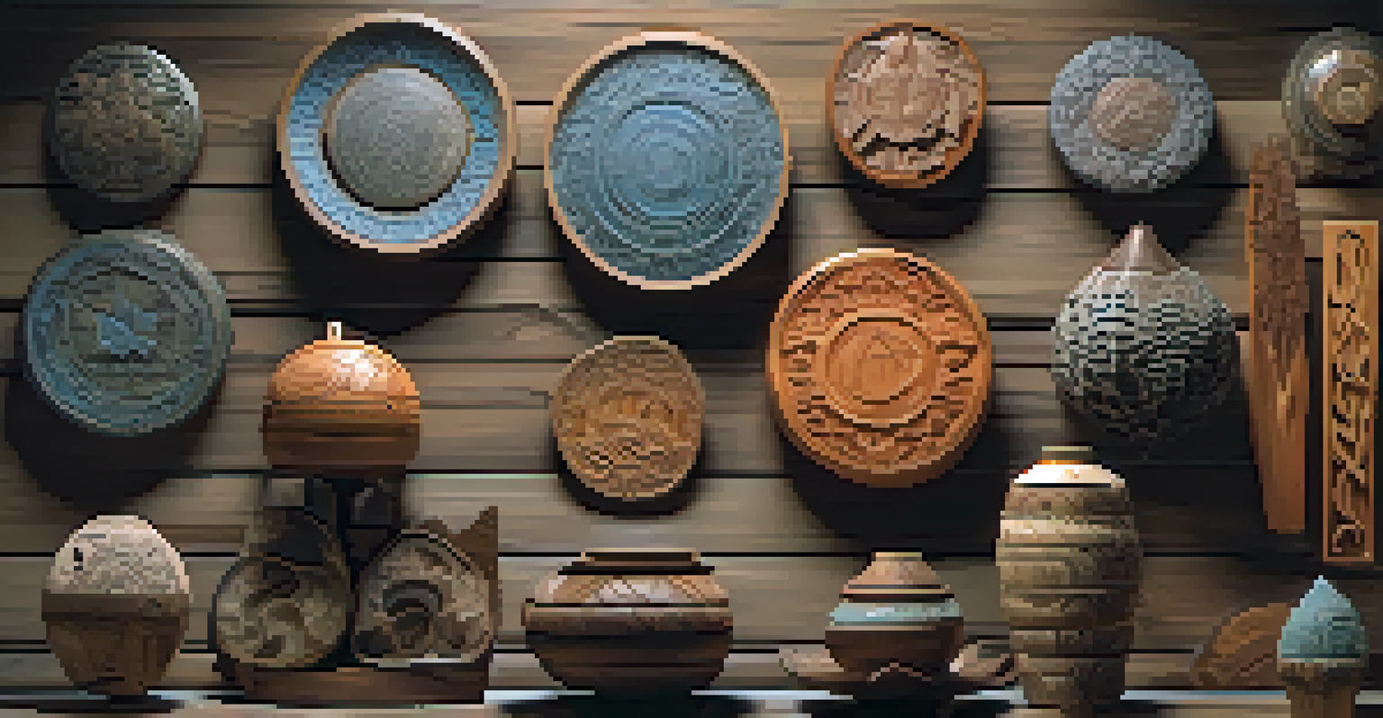 A variety of intricately carved artistic pieces made from wood, metal, and stone on a table.