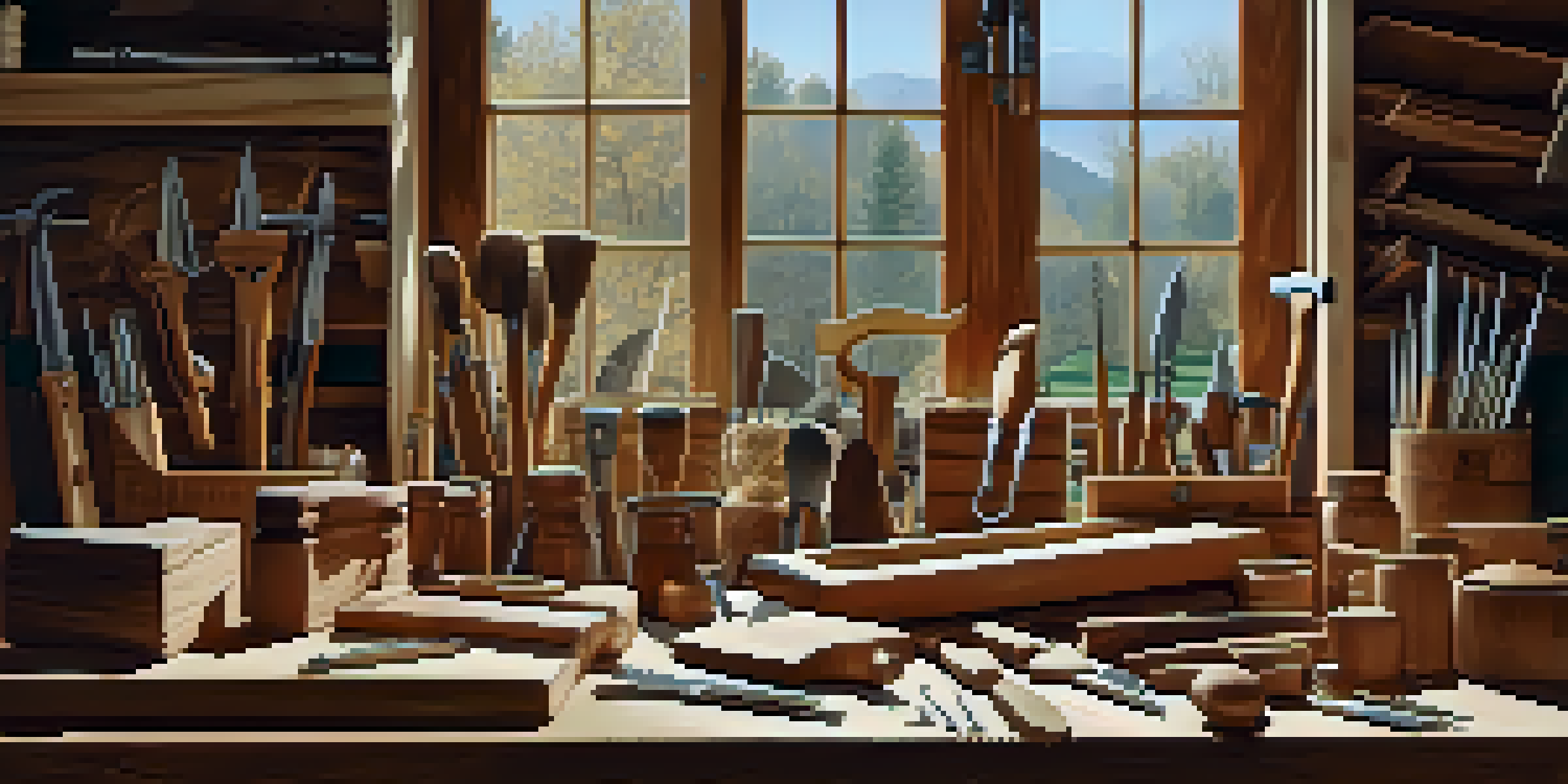 A well-organized woodworking workspace with tools, natural light, and wood shavings.