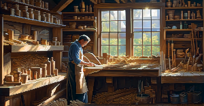 An artisan in a workshop carving designs into reclaimed wood, surrounded by tools and carved items, with sunlight streaming through a window.