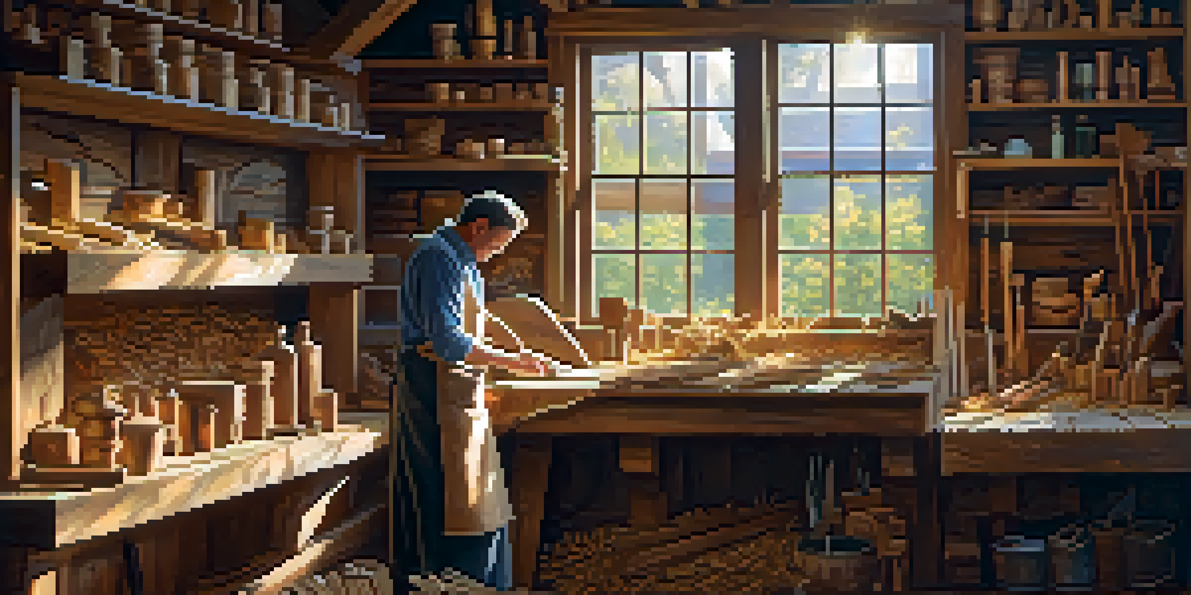 An artisan in a workshop carving designs into reclaimed wood, surrounded by tools and carved items, with sunlight streaming through a window.