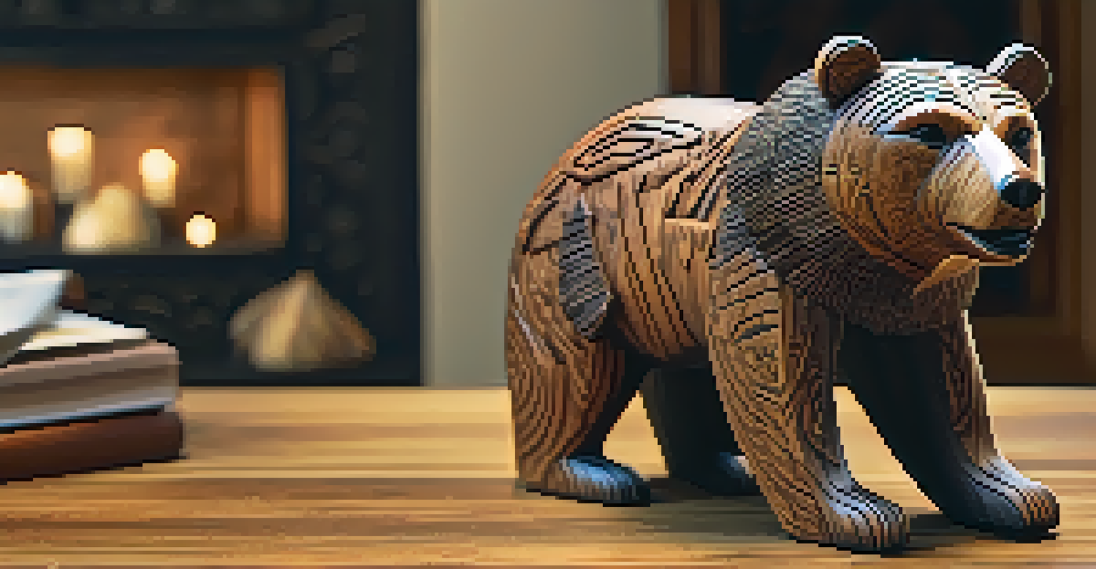 A detailed close-up of a carved wooden bear figure, beautifully illuminated on a rustic table with natural elements around it.