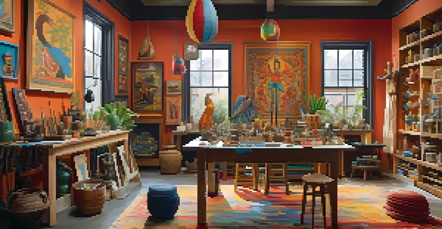 An artist's studio filled with multicultural art pieces, tools, and materials, showcasing a variety of vibrant artworks representing different cultures.