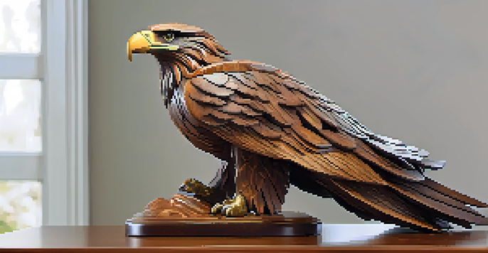 A carved wooden eagle sculpture with intricate feather details, set on a natural wood base in a forest with soft natural light.