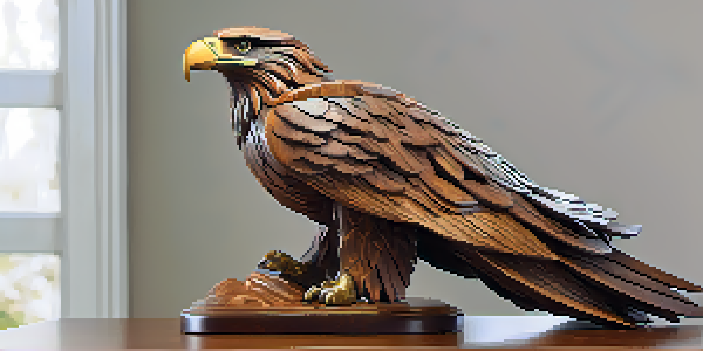 A carved wooden eagle sculpture with intricate feather details, set on a natural wood base in a forest with soft natural light.