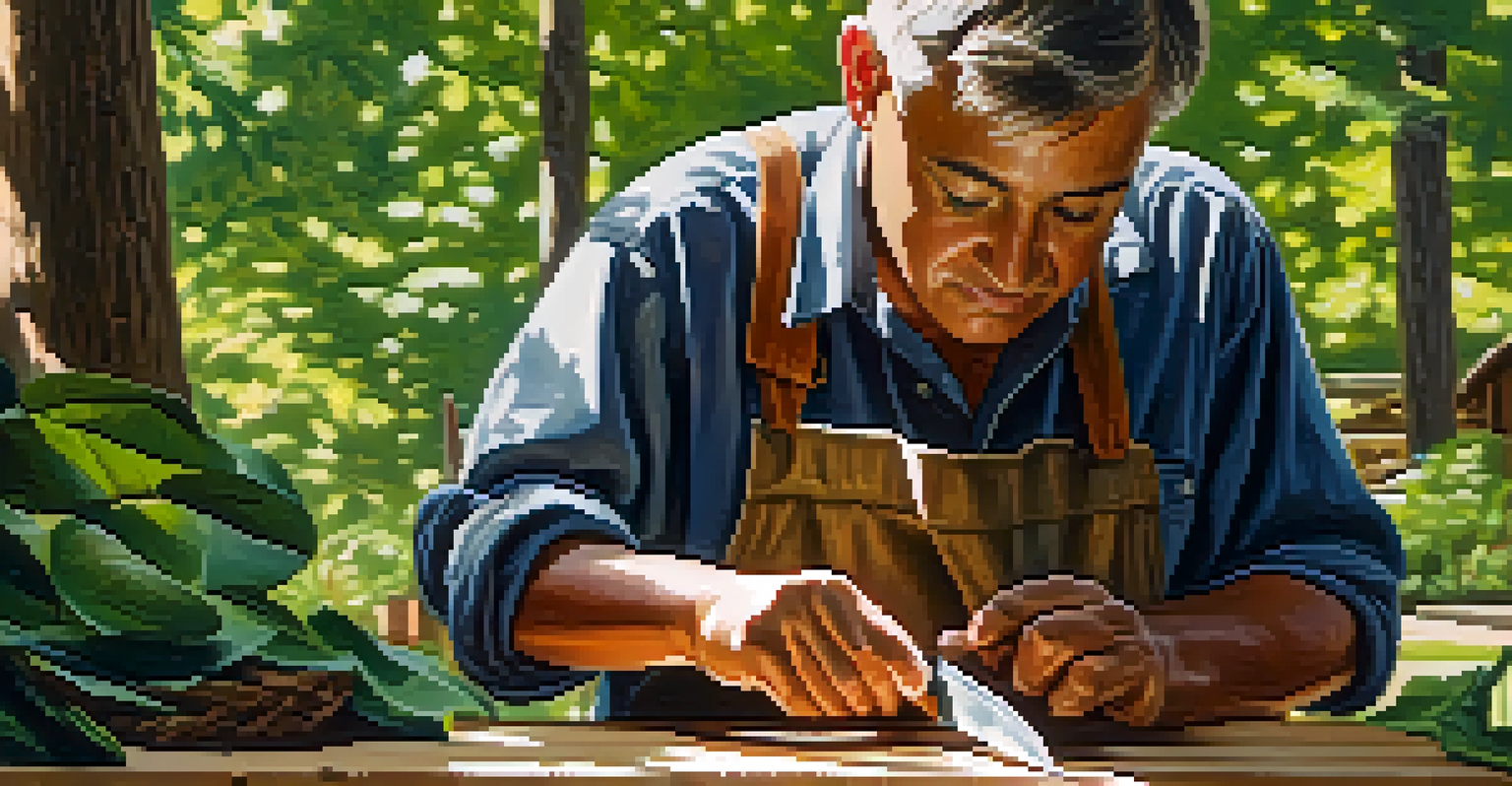 A beginner carver practicing outdoors on a small piece of wood, surrounded by greenery and dappled sunlight, showcasing the early stages of carving.