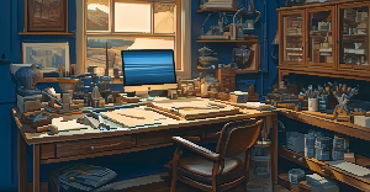 A designer's workspace showcasing tools for carving techniques, including fabrics and a laser cutting machine in warm lighting.