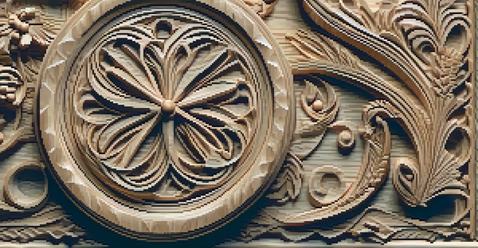 A detailed close-up of carved wooden accessories, showing intricate patterns and textures with warm wood tones against a neutral background.
