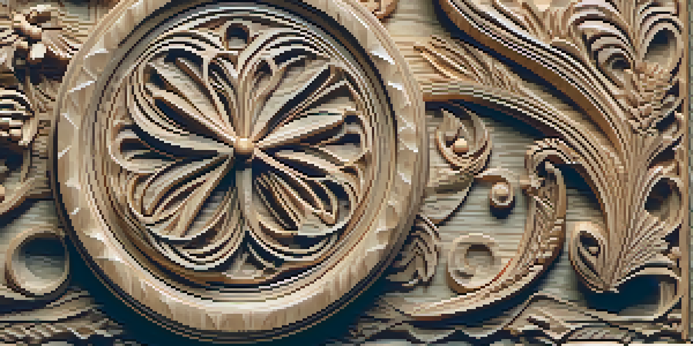 A detailed close-up of carved wooden accessories, showing intricate patterns and textures with warm wood tones against a neutral background.