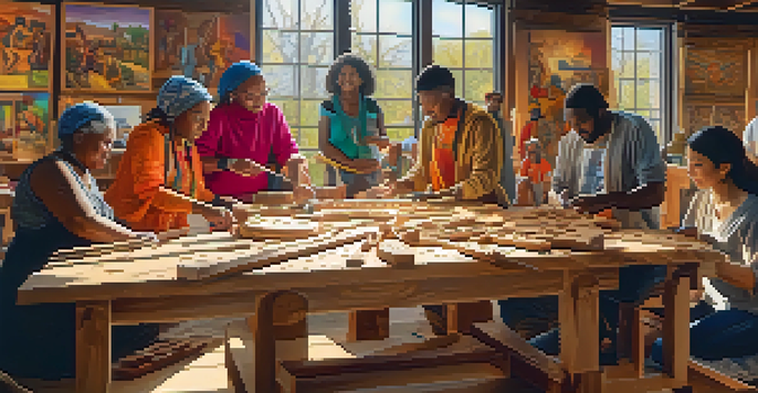 A lively workshop with diverse artists collaborating on a wooden sculpture, showcasing tools, carvings, and sunlight streaming in.