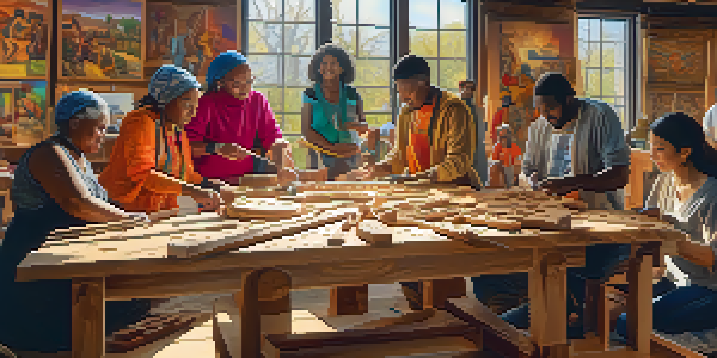 A lively workshop with diverse artists collaborating on a wooden sculpture, showcasing tools, carvings, and sunlight streaming in.