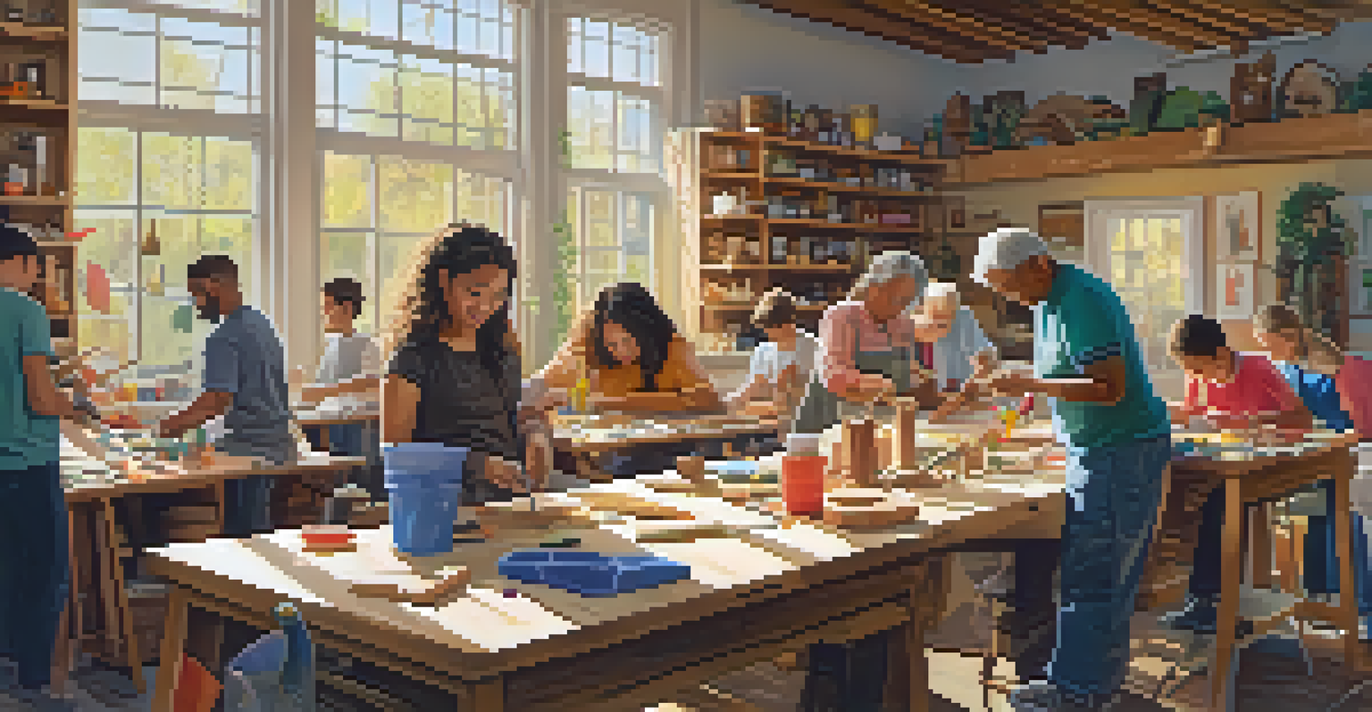 A lively community workshop with people of various ages engaged in carving activities.
