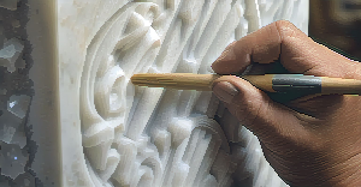 An artisan chiseling a block of marble, with fine dust particles illuminated by light, showcasing the intricate carving process.